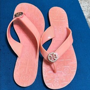 Tory Burch Coral Pink Logo Jelly Flip Flops